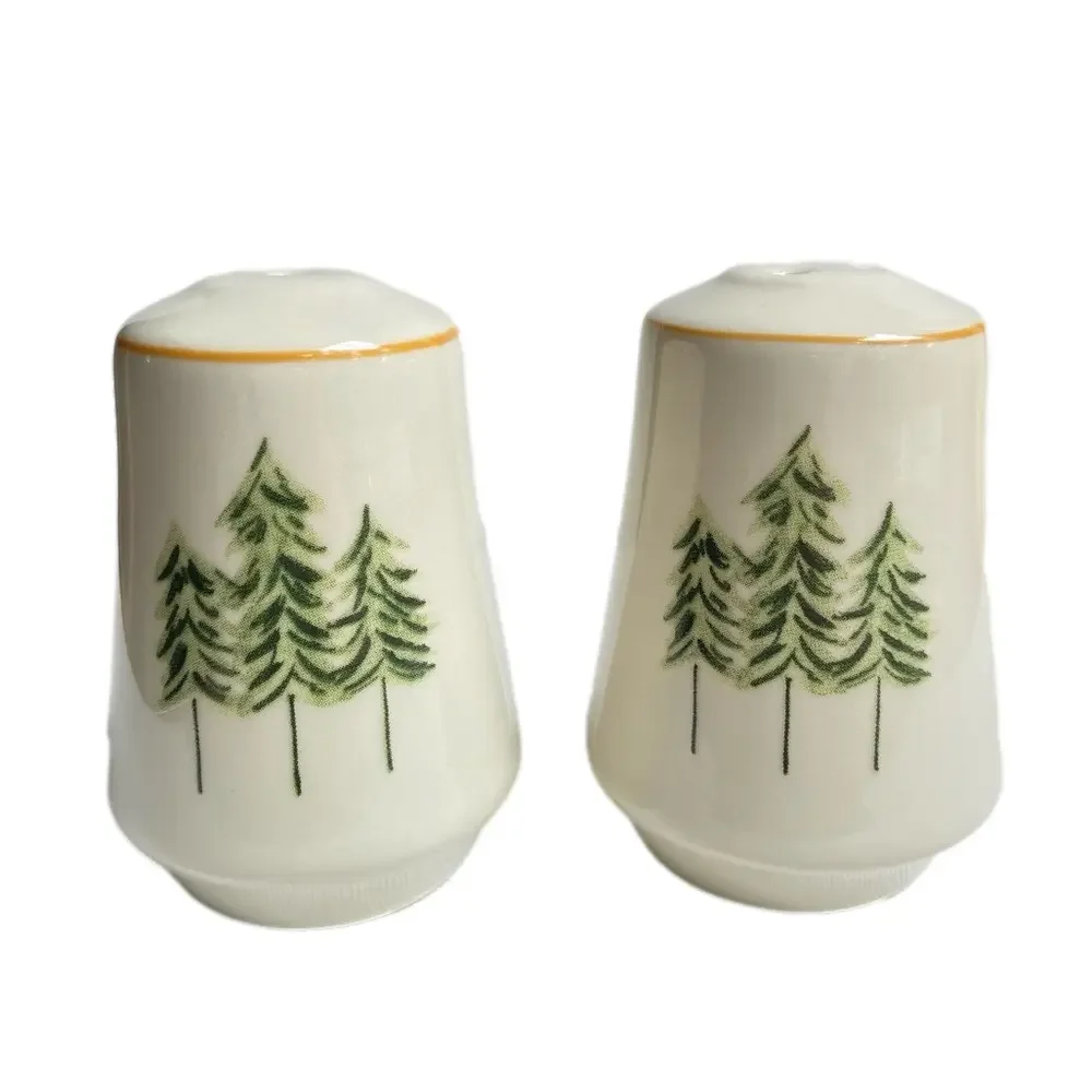 Pine Trees ceramic salt and pepper shakers in cream with shades of green